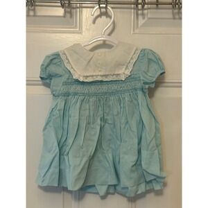 Vintage Polly Flinders Hand Smocked Blue Lace Collar Baby Dress 12 Months